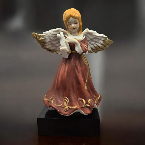 Hand-Painted Tearful Bisque Porcelain Angel with Harp Vintage Rotating Music Box - Picture 3 of 13